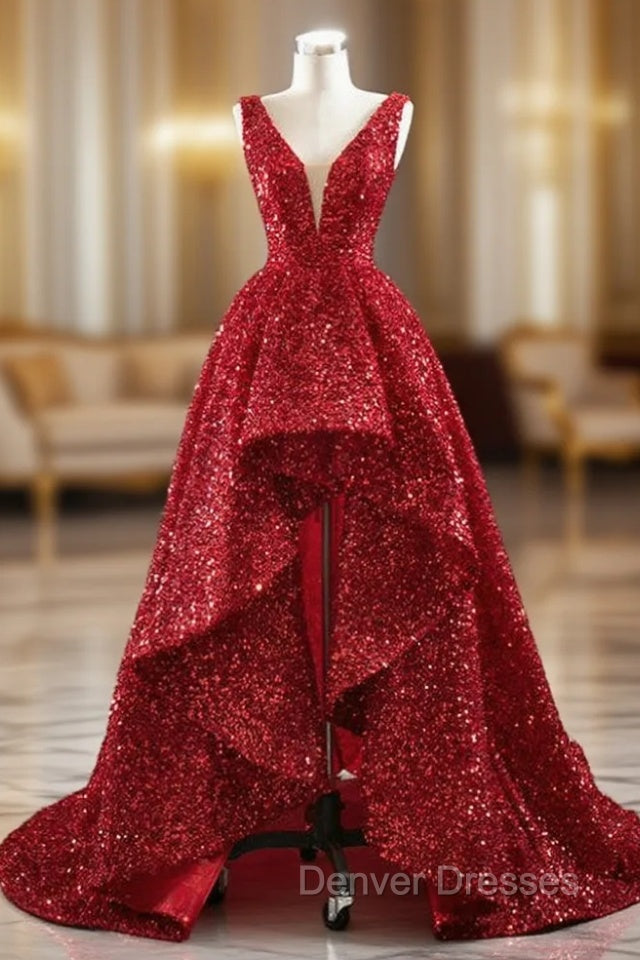A-line Red  Sequins V-neck Prom Dress