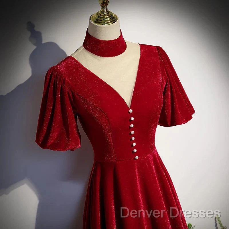 A-Line Red High Neckline Velvet Long Party Dress Short Sleeves Velvet Prom Dress