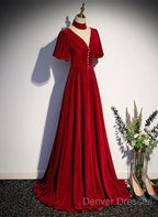 A-Line Red High Neckline Velvet Long Party Dress Short Sleeves Velvet Prom Dress