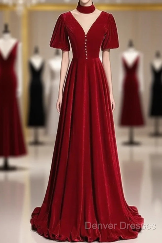 A-Line Red High Neckline Velvet Long Party Dress Short Sleeves Velvet Prom Dress Main image