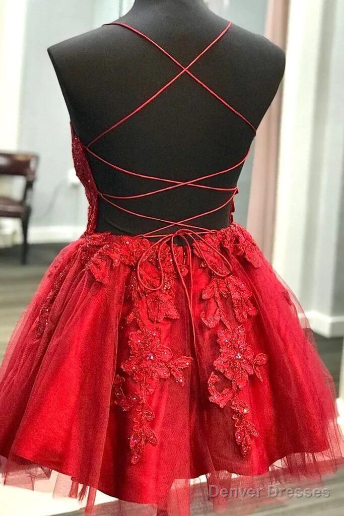 A Line Red Lace Homecoming Dresses Short V Neck Beaded Damas Dress