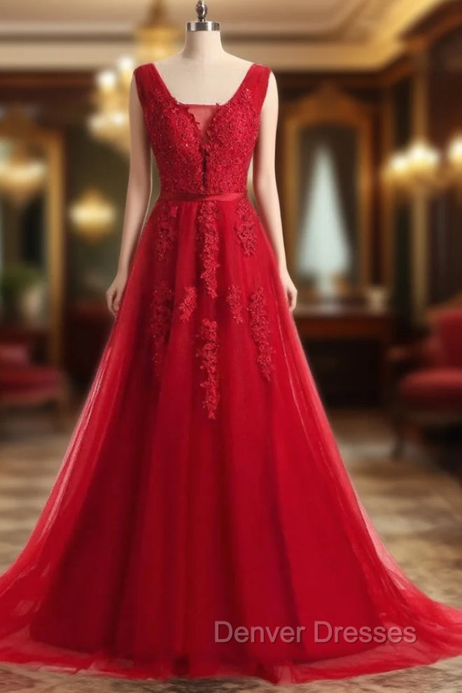 A-line Red Lace V-neck Backless Long Evening Dress Main image