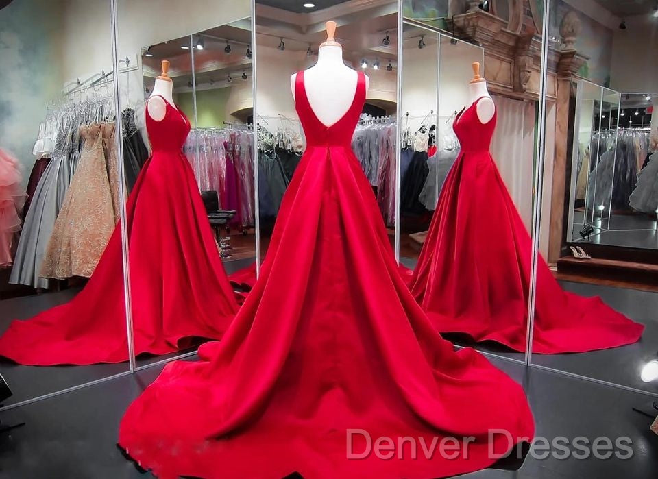 A Line Red Prom Dress V Neck Satin Long Evening Dress