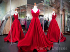 A Line Red Prom Dress V Neck Satin Long Evening Dress