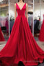 A Line Red Prom Dress V Neck Satin Long Evening Dress
