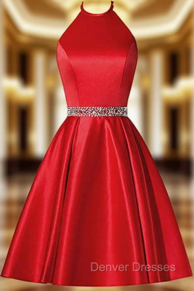 A-Line Red Satin Halter Beaidng Crystal Homecoming Dress With Pocket Main image