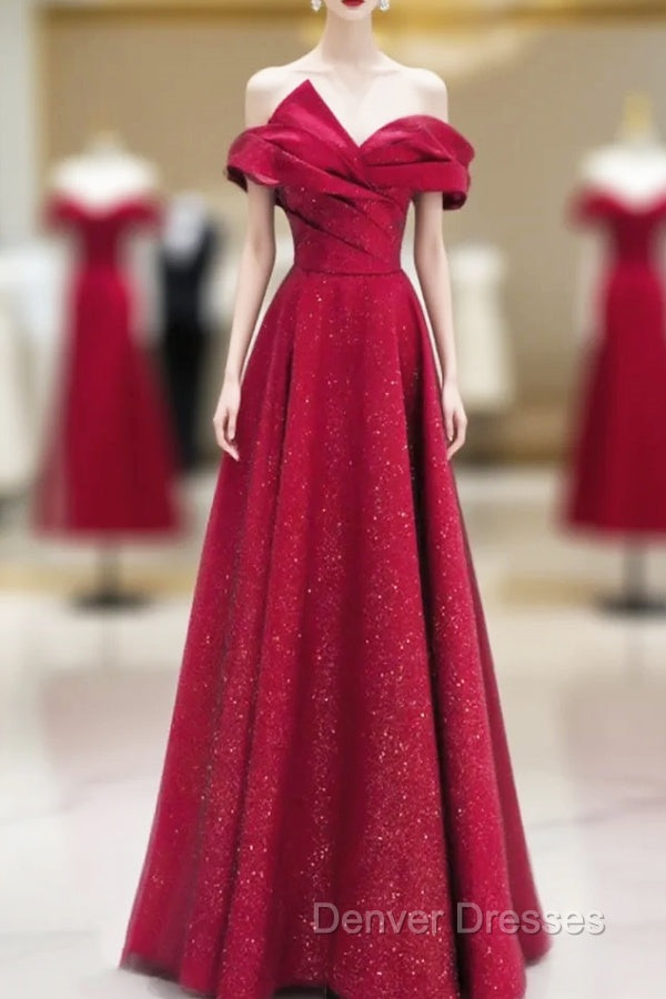 A-Line Red Satin Long Off Shoulder Evening Dress, Simple Floor Length Prom Dress Main image