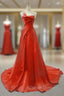 A-Line Red Satin Pleats Beading Backless Long Prom Dress