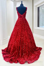A-Line Red Sequin Quince Dress Square Neck Backless Long Prom Dress