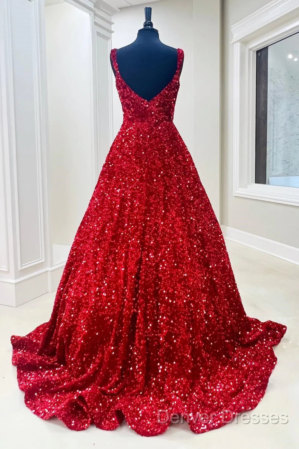 A-Line Red Sequin Quince Dress Square Neck Backless Long Prom Dress