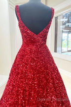 A-Line Red Sequin Quince Dress Square Neck Backless Long Prom Dress