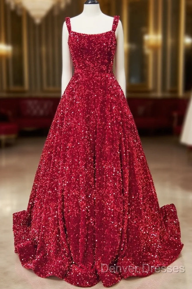 A-Line Red Sequin Quince Dress Square Neck Backless Long Prom Dress