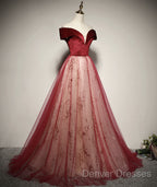 A-Line Red Tulle And Velvet Off Shoulder Long Prom Dress, Red Evening Dress