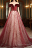 A-Line Red Tulle And Velvet Off Shoulder Long Prom Dress, Red Evening Dress