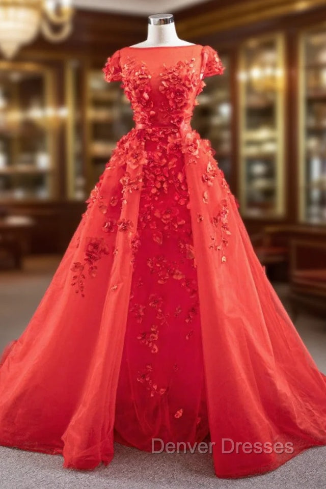 A-Line Red Tulle Appliques Cap Sleeve Prom Dress With Removable Train Main image