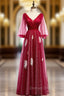 A-Line Red Tulle V-neck Long Sleeve Backless Prom Dress