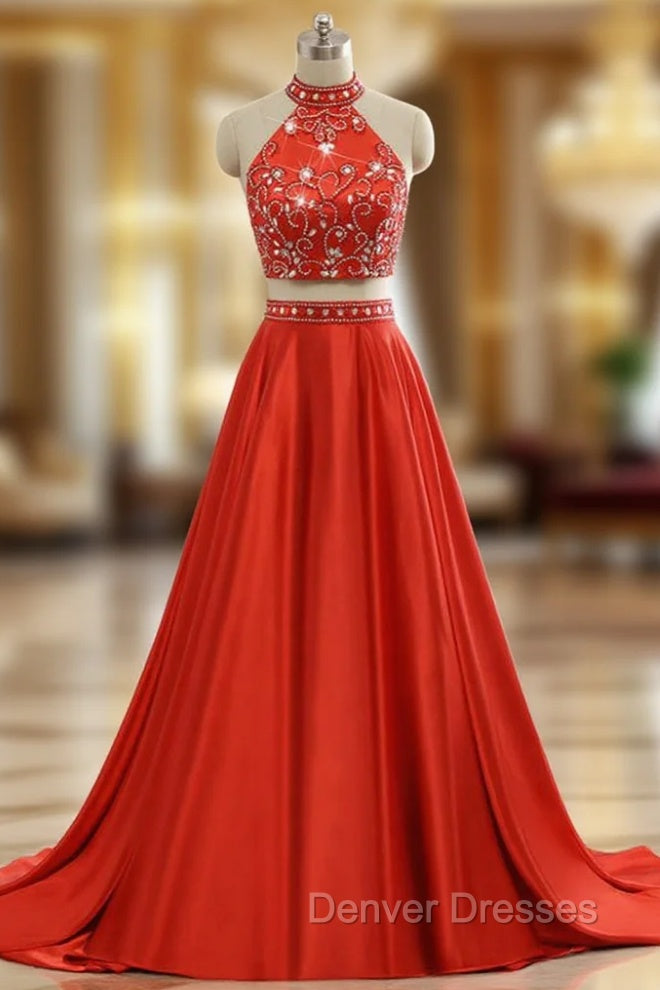 A-line Red Two Pieces Evening Dress Soft Satin Prom Party Gown Main image