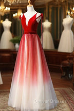 A-Line Red Velvet Tulle Long Prom Dress, Red Formal Dress