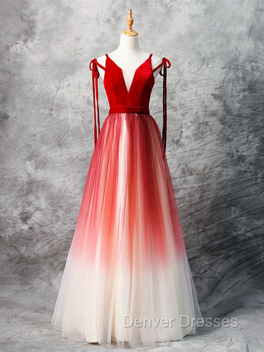 A-Line Red Velvet Tulle Long Prom Dress, Red Formal Dress Main image