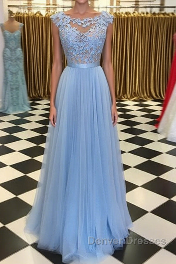 A Line Round Neck Blue Lace Appliques Tulle Long Prom Dress, Blue Lace Graduation Dress, Blue Evening Formal Dress Main image