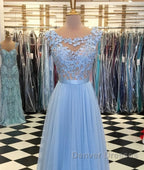 A Line Round Neck Blue Lace Appliques Tulle Long Prom Dress, Blue Lace Graduation Dress, Blue Evening Formal Dress