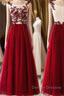 A Line Round Neck Burgundy Lace Tulle Long Prom Dress, Burgundy Lace Evening Dress, Burgundy Lace Graduation Dress