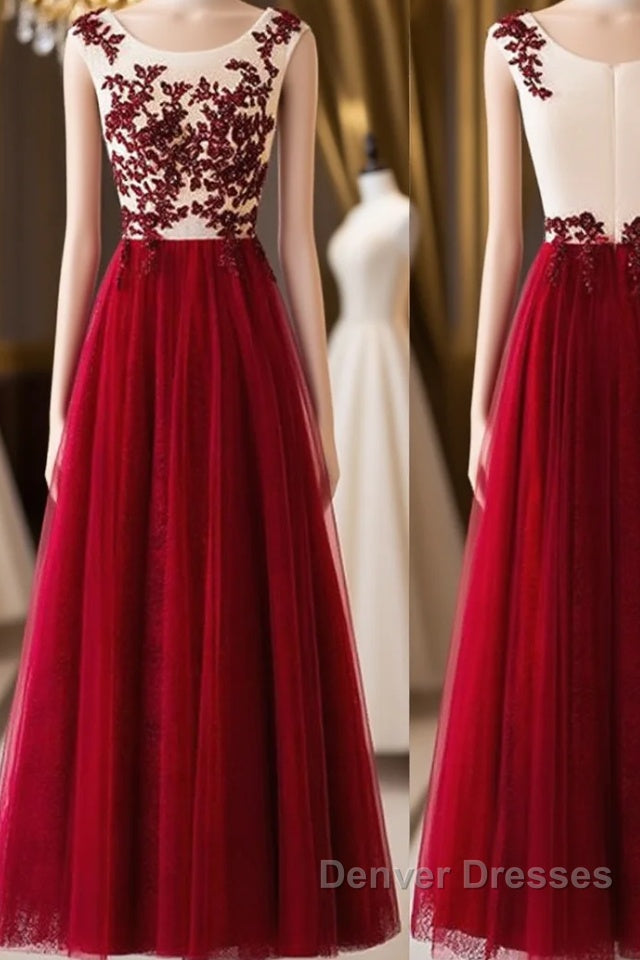 A Line Round Neck Burgundy Lace Tulle Long Prom Dress, Burgundy Lace Evening Dress, Burgundy Lace Graduation Dress Main image