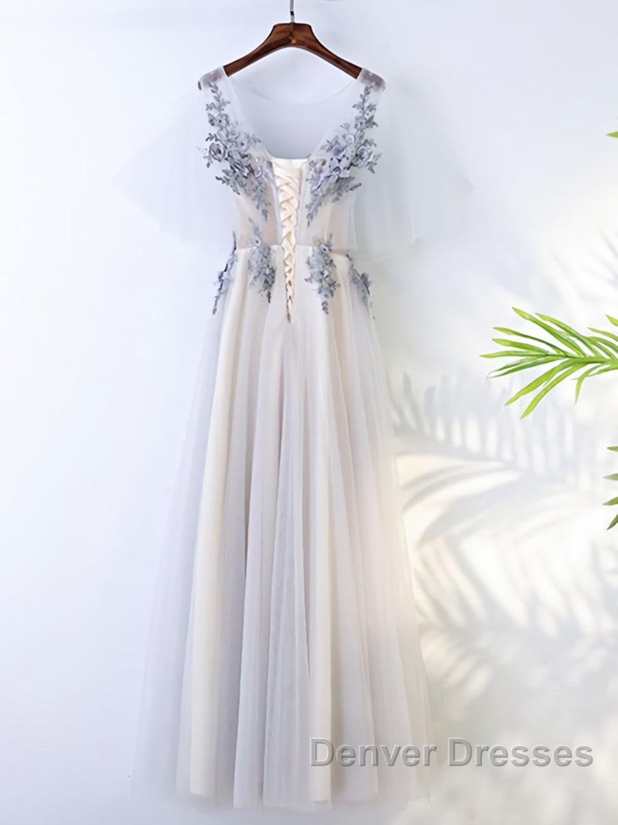 A Line Round Neck Half Sleeves Gray Lace Prom Dress, Gray Floral Long Formal Evening Dress Secondary image