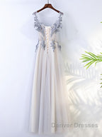 A Line Round Neck Half Sleeves Gray Lace Prom Dress, Gray Floral Long Formal Evening Dress