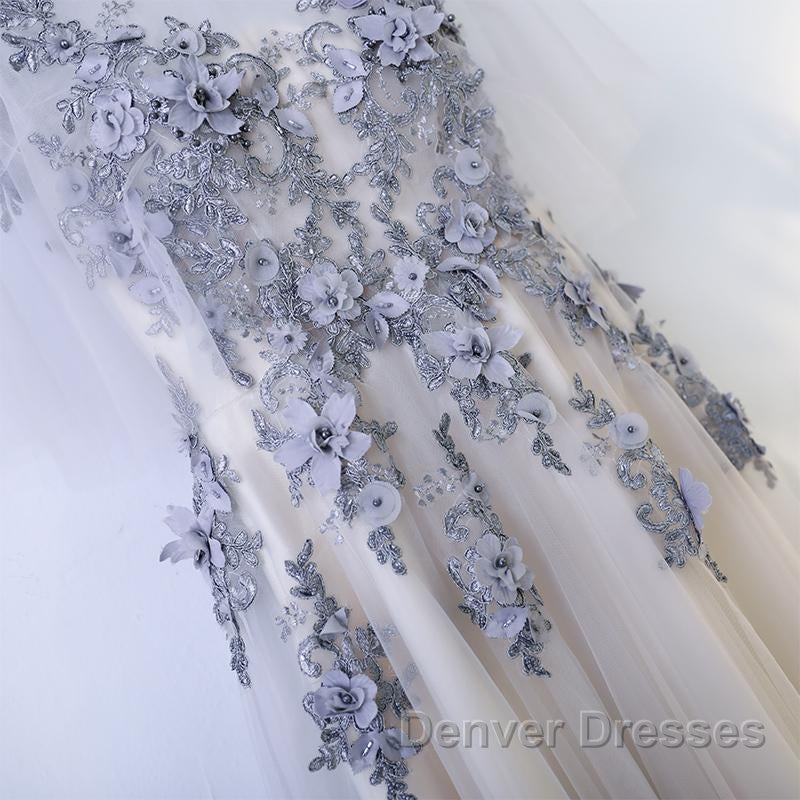 A Line Round Neck Half Sleeves Gray Lace Prom Dress, Gray Floral Long Formal Evening Dress