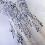 A Line Round Neck Half Sleeves Gray Lace Prom Dress, Gray Floral Long Formal Evening Dress