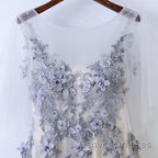 A Line Round Neck Half Sleeves Gray Lace Prom Dress, Gray Floral Long Formal Evening Dress