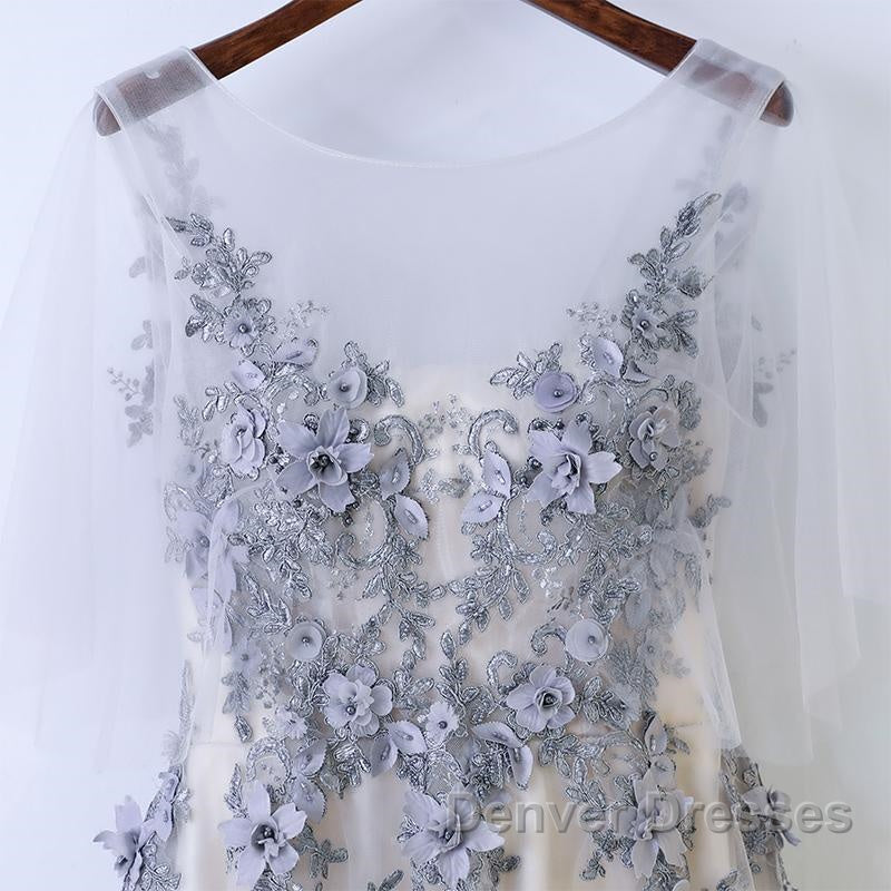 A Line Round Neck Half Sleeves Gray Lace Prom Dress, Gray Floral Long Formal Evening Dress