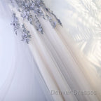 A Line Round Neck Half Sleeves Gray Lace Prom Dress, Gray Floral Long Formal Evening Dress