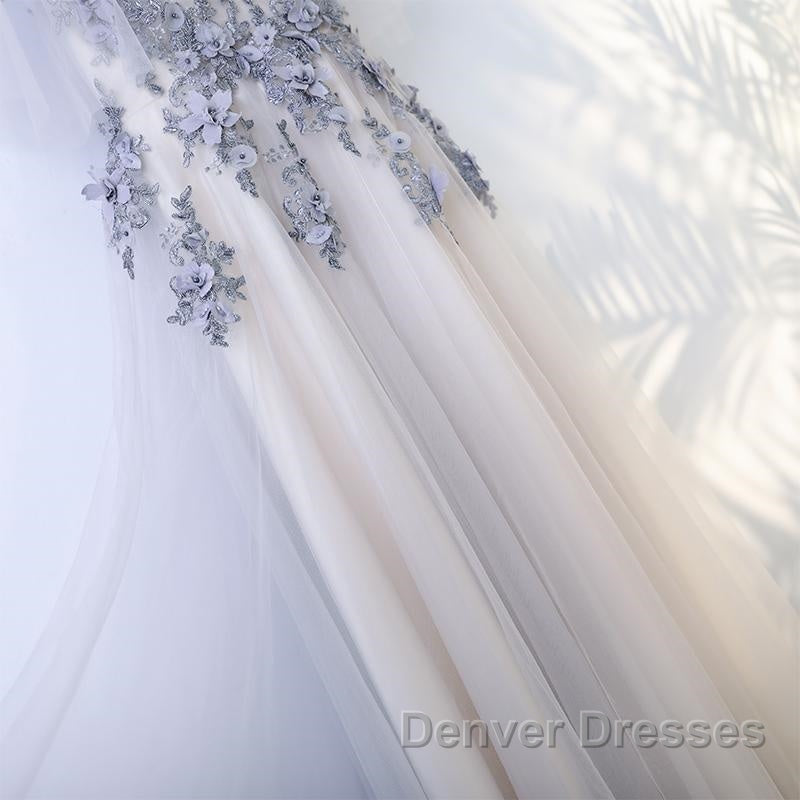 A Line Round Neck Half Sleeves Gray Lace Prom Dress, Gray Floral Long Formal Evening Dress