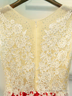 A Line Round Neck Red Short Lace Prom Dresses, Short Red Lace Formal Homecoming Dresses