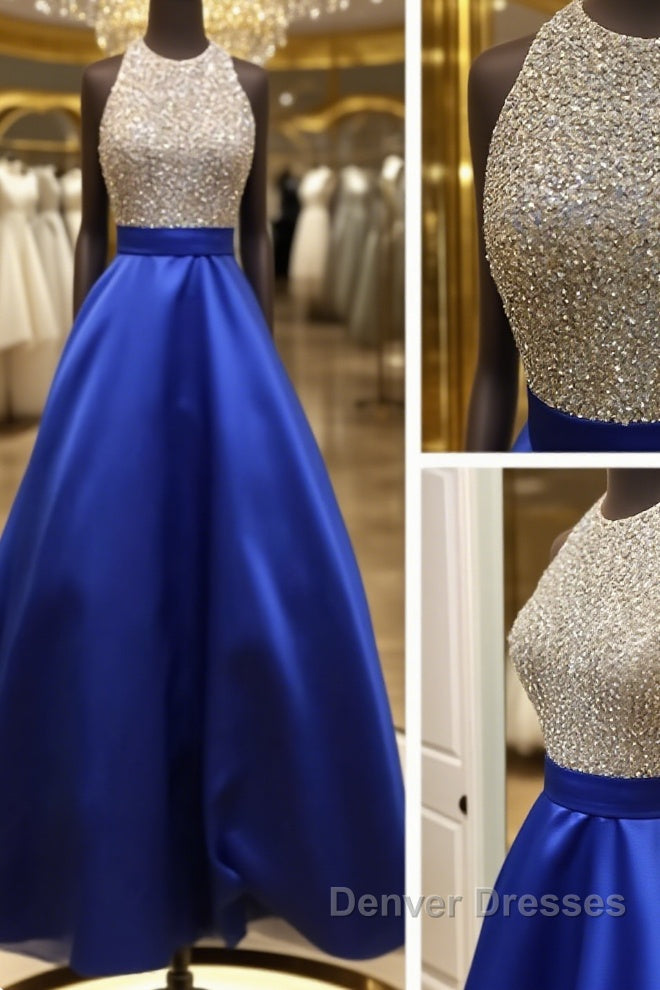 A Line Round Neck Sequins Backless Royal Blue Prom Dress, Royal Blue Formal Dress, Backless Royal Blue Evening Dress