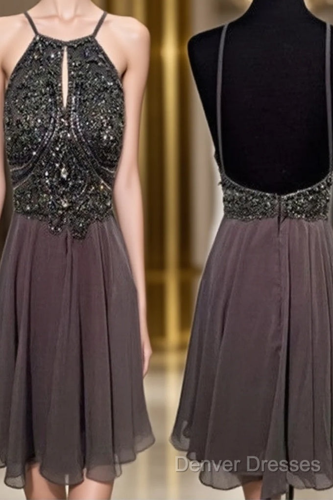 A Line Round Neck Short Grey Backless Prom Dress, Short Grey Backless Formal Dress, Homecoming Dress, Graduation Dress