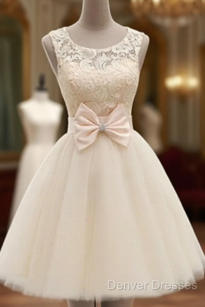 A Line Round Neck Short Ivory Lace Prom Dress, Short Champagne Lace Bridesmaid Dress, Lace Homecoming Dress, Lace Graduation Dress