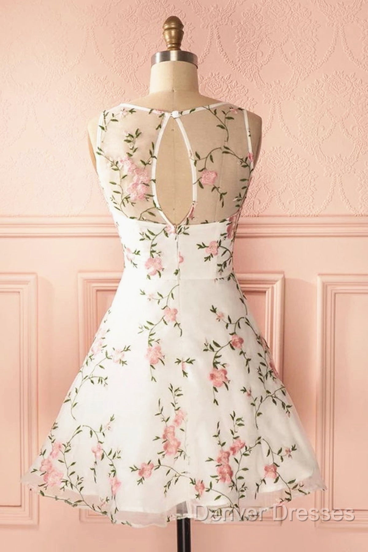 A Line Round Neck Short Lace Floral Prom Dress, Short Lace Floral Formal Homecoming Dress