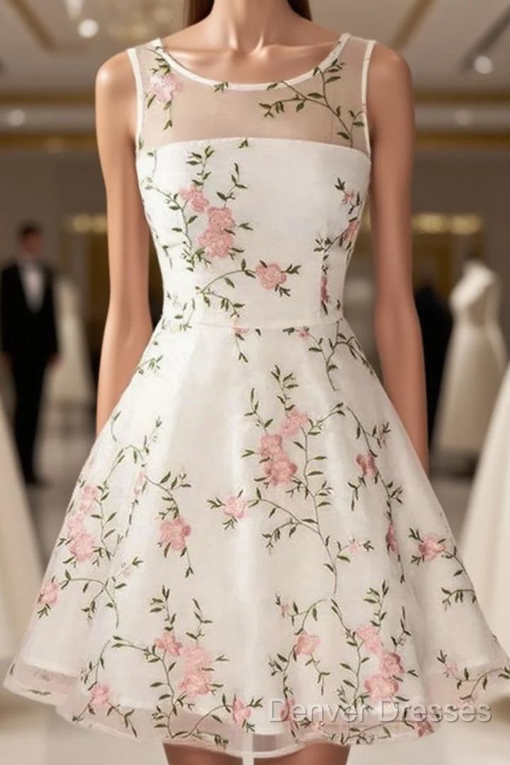 A Line Round Neck Short Lace Floral Prom Dress, Short Lace Floral Formal Homecoming Dress Main image