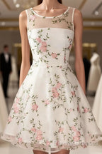 A Line Round Neck Short Lace Floral Prom Dress, Short Lace Floral Formal Homecoming Dress