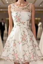A Line Round Neck Short Lace Floral Prom Dress, Short Lace Floral Formal Homecoming Dress