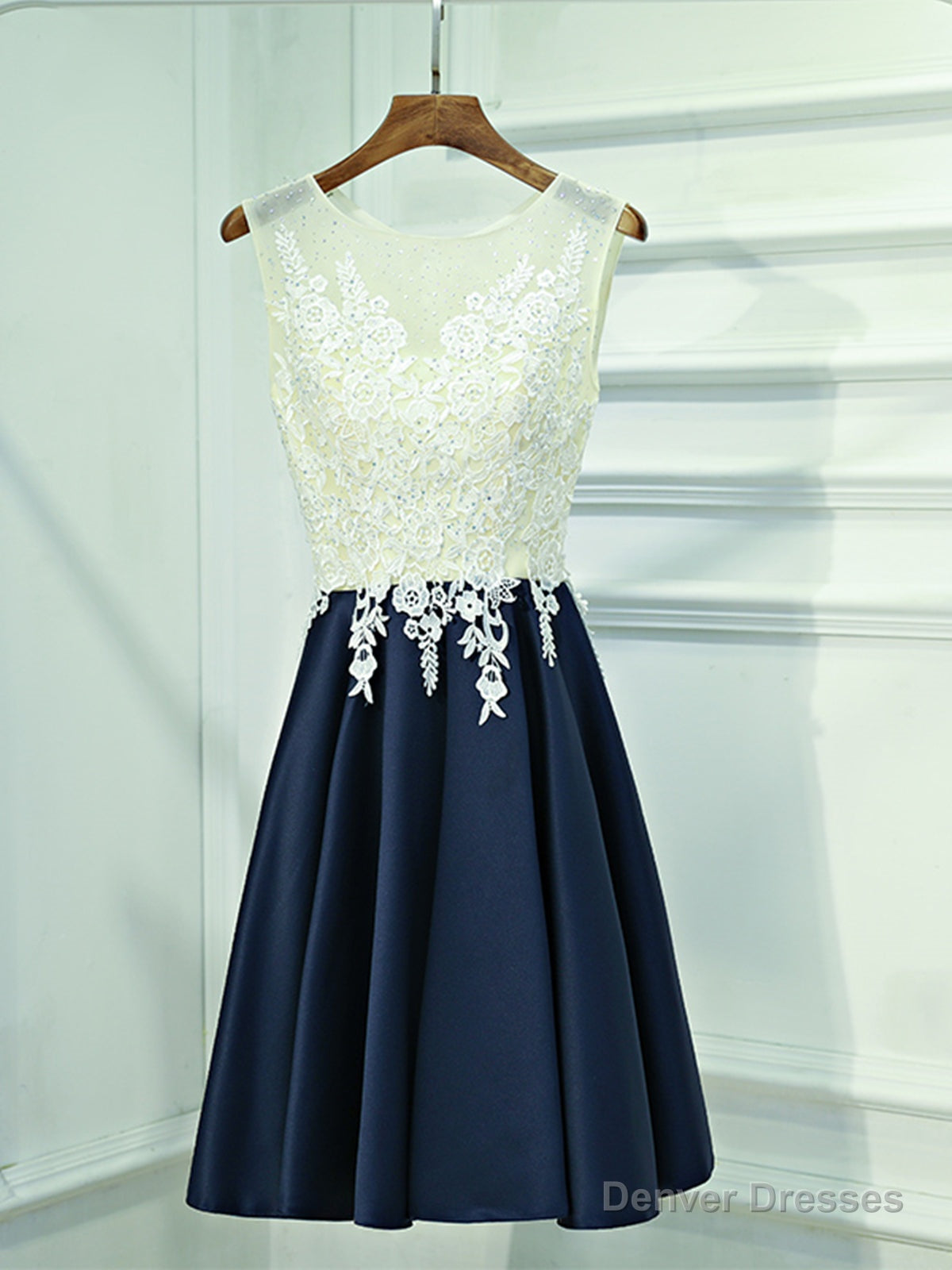 A Line Round Neck Short Lace Prom Dresses, Navy Blue Short Lace Formal Homecoming Dresses