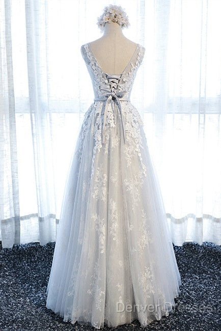 A Line Round Neck Sleeveless Lace Grey/Pink/Champagne Prom Dress, Lace Formal Dress, Evening Dress Secondary image