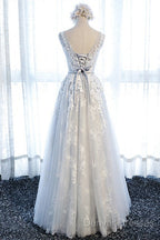 A Line Round Neck Sleeveless Lace Grey/Pink/Champagne Prom Dress, Lace Formal Dress, Evening Dress