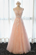 A Line Round Neck Sleeveless Lace Grey/Pink/Champagne Prom Dress, Lace Formal Dress, Evening Dress