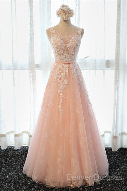 A Line Round Neck Sleeveless Lace Grey/Pink/Champagne Prom Dress, Lace Formal Dress, Evening Dress