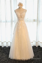 A Line Round Neck Sleeveless Lace Grey/Pink/Champagne Prom Dress, Lace Formal Dress, Evening Dress