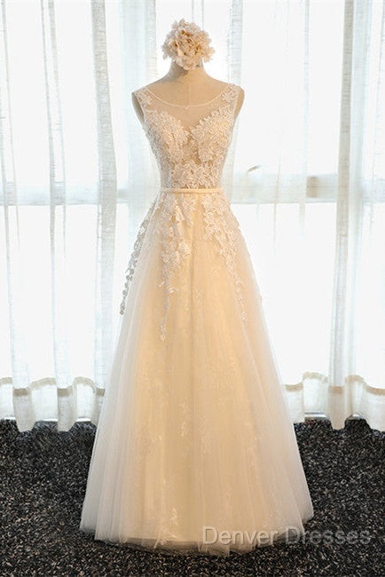 A Line Round Neck Sleeveless Lace Grey/Pink/Champagne Prom Dress, Lace Formal Dress, Evening Dress